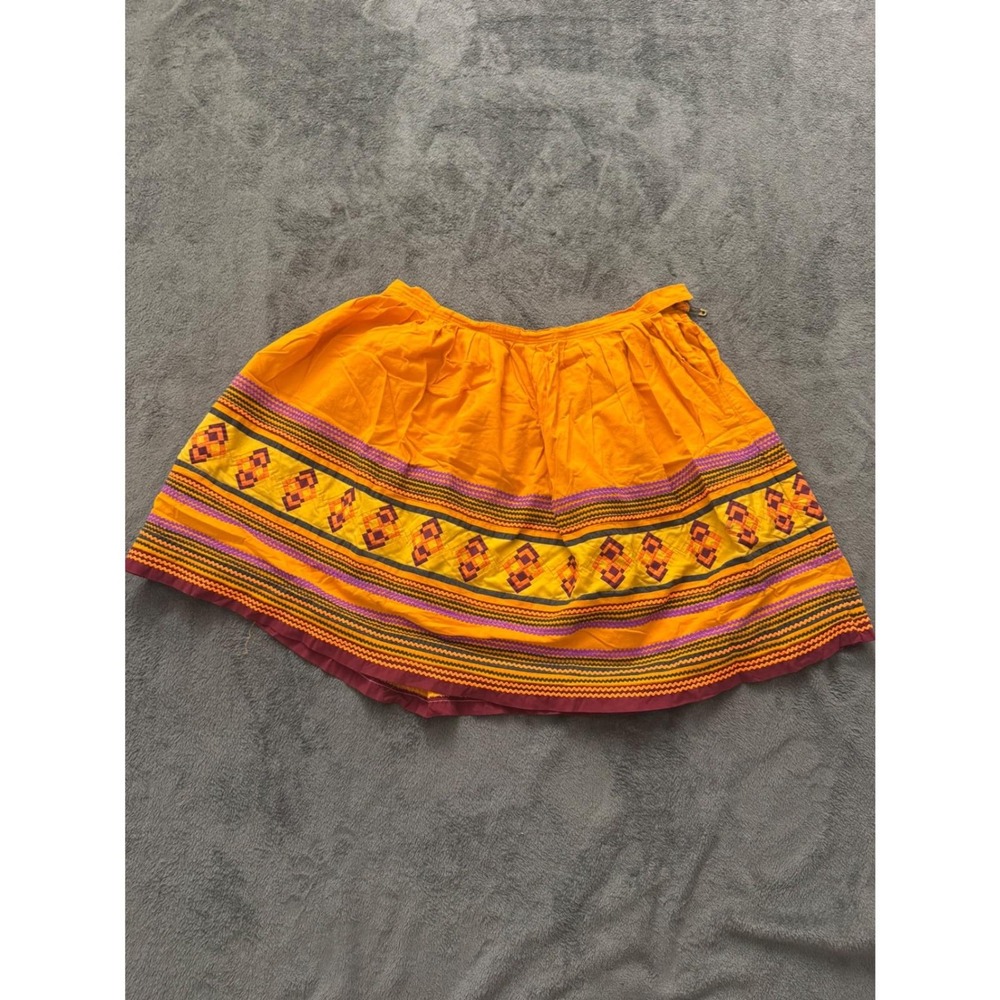 Vintage Orange Boho Patchwork Rickrack Midi Skirt Embroidered Festival Hippie